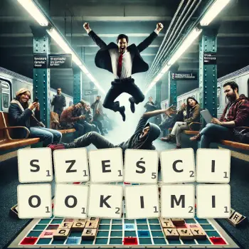 Kreatywna ilustracja do gry w Scrabble ze słowem SZEŚCIOOKIMI ułożonym z płytek na planszy.