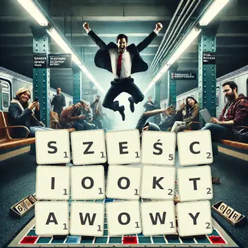 Kreatywna ilustracja do gry w Scrabble ze słowem SZEŚCIOOKTAWOWY ułożonym z płytek na planszy.