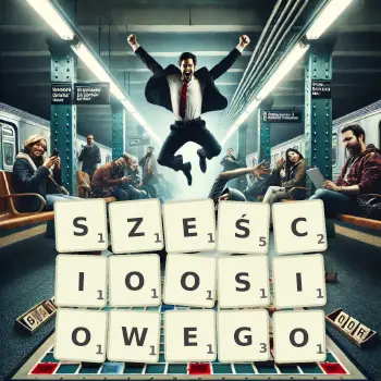 Kreatywna ilustracja do gry w Scrabble ze słowem SZEŚCIOOSIOWEGO ułożonym z płytek na planszy.