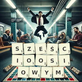 Kreatywna ilustracja do gry w Scrabble ze słowem SZEŚCIOOSIOWYM ułożonym z płytek na planszy.