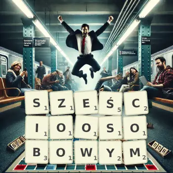 Kreatywna ilustracja do gry w Scrabble ze słowem SZEŚCIOOSOBOWYM ułożonym z płytek na planszy.