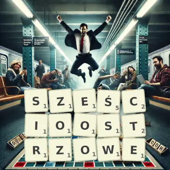 Kreatywna ilustracja do gry w Scrabble ze słowem SZEŚCIOOSTRZOWE ułożonym z płytek na planszy.