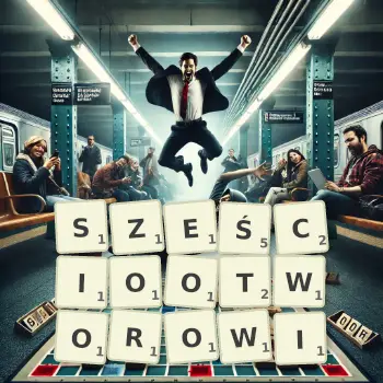 Kreatywna ilustracja do gry w Scrabble ze słowem SZEŚCIOOTWOROWI ułożonym z płytek na planszy.