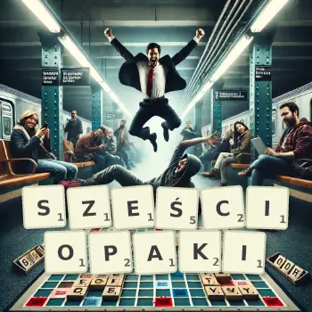 Kreatywna ilustracja do gry w Scrabble ze słowem SZEŚCIOPAKI ułożonym z płytek na planszy.