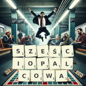 Kreatywna ilustracja do gry w Scrabble ze słowem SZEŚCIOPALCOWA ułożonym z płytek na planszy.