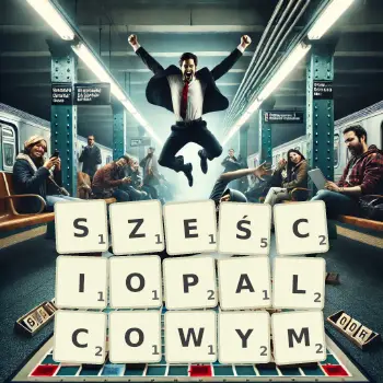 Kreatywna ilustracja do gry w Scrabble ze słowem SZEŚCIOPALCOWYM ułożonym z płytek na planszy.