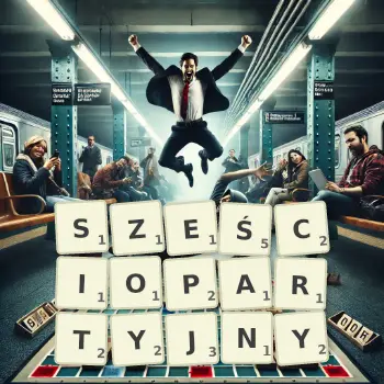 Kreatywna ilustracja do gry w Scrabble ze słowem SZEŚCIOPARTYJNY ułożonym z płytek na planszy.
