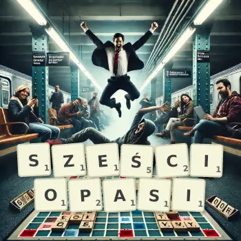 Kreatywna ilustracja do gry w Scrabble ze słowem SZEŚCIOPASI ułożonym z płytek na planszy.