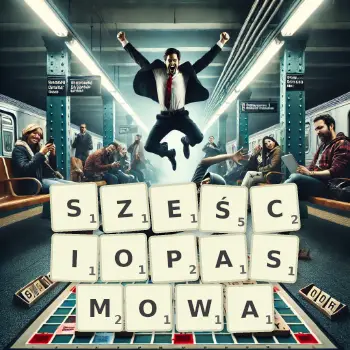 Kreatywna ilustracja do gry w Scrabble ze słowem SZEŚCIOPASMOWA ułożonym z płytek na planszy.
