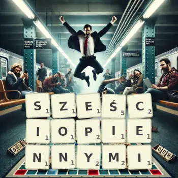 Kreatywna ilustracja do gry w Scrabble ze słowem SZEŚCIOPIENNYMI ułożonym z płytek na planszy.