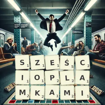 Kreatywna ilustracja do gry w Scrabble ze słowem SZEŚCIOPLAMKAMI ułożonym z płytek na planszy.