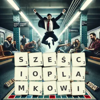 Kreatywna ilustracja do gry w Scrabble ze słowem SZEŚCIOPLAMKOWI ułożonym z płytek na planszy.