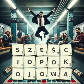 Kreatywna ilustracja do gry w Scrabble ze słowem SZEŚCIOPOKOJOWA ułożonym z płytek na planszy.
