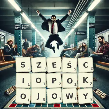 Kreatywna ilustracja do gry w Scrabble ze słowem SZEŚCIOPOKOJOWY ułożonym z płytek na planszy.