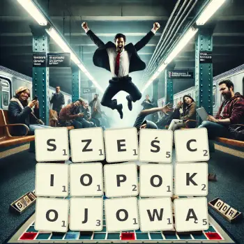 Kreatywna ilustracja do gry w Scrabble ze słowem SZEŚCIOPOKOJOWĄ ułożonym z płytek na planszy.