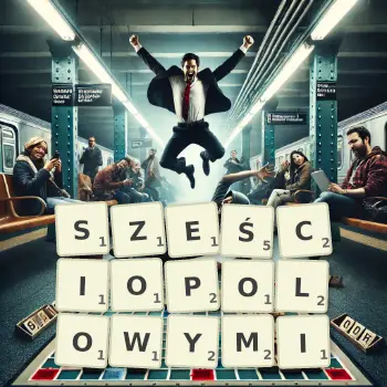 Kreatywna ilustracja do gry w Scrabble ze słowem SZEŚCIOPOLOWYMI ułożonym z płytek na planszy.