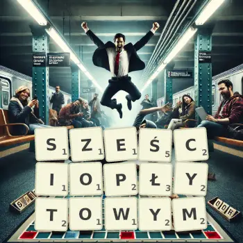 Kreatywna ilustracja do gry w Scrabble ze słowem SZEŚCIOPŁYTOWYM ułożonym z płytek na planszy.