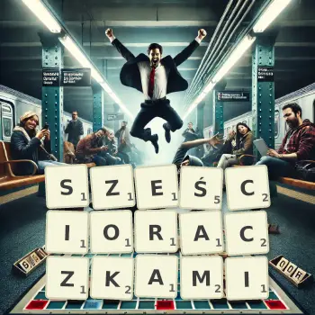 Kreatywna ilustracja do gry w Scrabble ze słowem SZEŚCIORACZKAMI ułożonym z płytek na planszy.