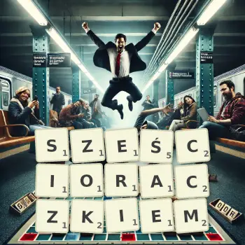 Kreatywna ilustracja do gry w Scrabble ze słowem SZEŚCIORACZKIEM ułożonym z płytek na planszy.
