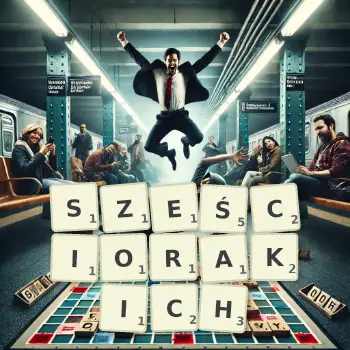 Kreatywna ilustracja do gry w Scrabble ze słowem SZEŚCIORAKICH ułożonym z płytek na planszy.