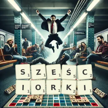 Kreatywna ilustracja do gry w Scrabble ze słowem SZEŚCIORKI ułożonym z płytek na planszy.