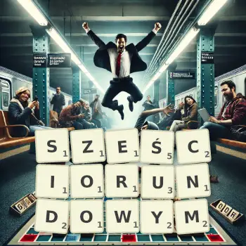 Kreatywna ilustracja do gry w Scrabble ze słowem SZEŚCIORUNDOWYM ułożonym z płytek na planszy.