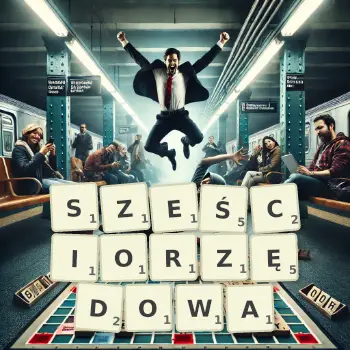 Kreatywna ilustracja do gry w Scrabble ze słowem SZEŚCIORZĘDOWA ułożonym z płytek na planszy.