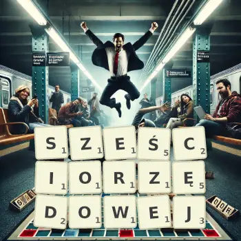 Kreatywna ilustracja do gry w Scrabble ze słowem SZEŚCIORZĘDOWEJ ułożonym z płytek na planszy.