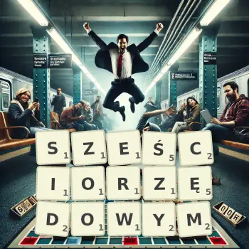 Kreatywna ilustracja do gry w Scrabble ze słowem SZEŚCIORZĘDOWYM ułożonym z płytek na planszy.