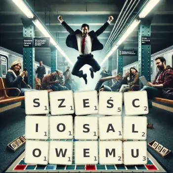 Kreatywna ilustracja do gry w Scrabble ze słowem SZEŚCIOSALOWEMU ułożonym z płytek na planszy.