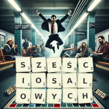 Kreatywna ilustracja do gry w Scrabble ze słowem SZEŚCIOSALOWYCH ułożonym z płytek na planszy.