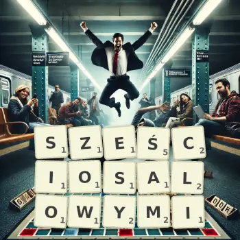 Kreatywna ilustracja do gry w Scrabble ze słowem SZEŚCIOSALOWYMI ułożonym z płytek na planszy.