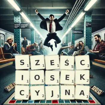 Kreatywna ilustracja do gry w Scrabble ze słowem SZEŚCIOSEKCYJNA ułożonym z płytek na planszy.