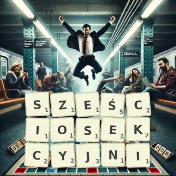 Kreatywna ilustracja do gry w Scrabble ze słowem SZEŚCIOSEKCYJNI ułożonym z płytek na planszy.