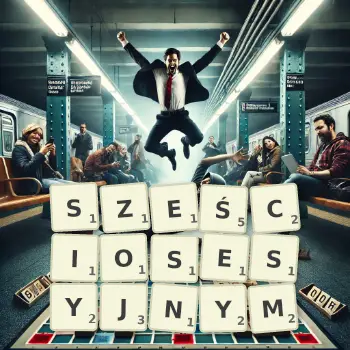 Kreatywna ilustracja do gry w Scrabble ze słowem SZEŚCIOSESYJNYM ułożonym z płytek na planszy.