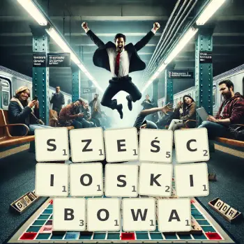 Kreatywna ilustracja do gry w Scrabble ze słowem SZEŚCIOSKIBOWA ułożonym z płytek na planszy.