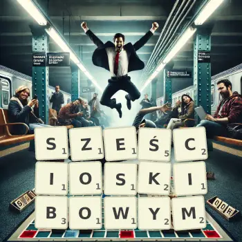 Kreatywna ilustracja do gry w Scrabble ze słowem SZEŚCIOSKIBOWYM ułożonym z płytek na planszy.