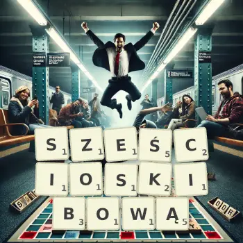 Kreatywna ilustracja do gry w Scrabble ze słowem SZEŚCIOSKIBOWĄ ułożonym z płytek na planszy.
