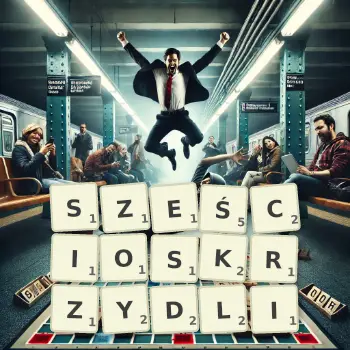 Kreatywna ilustracja do gry w Scrabble ze słowem SZEŚCIOSKRZYDLI ułożonym z płytek na planszy.