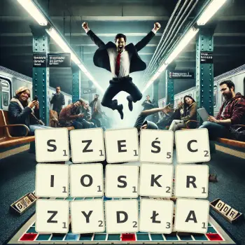 Kreatywna ilustracja do gry w Scrabble ze słowem SZEŚCIOSKRZYDŁA ułożonym z płytek na planszy.