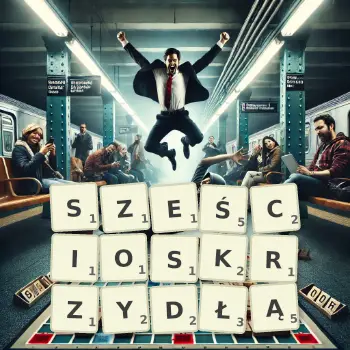 Kreatywna ilustracja do gry w Scrabble ze słowem SZEŚCIOSKRZYDŁĄ ułożonym z płytek na planszy.