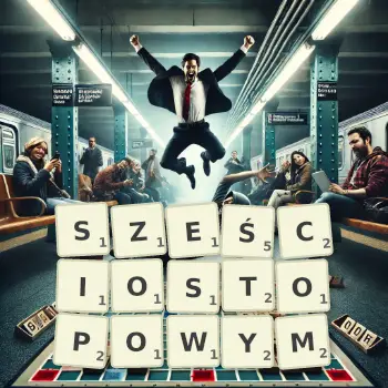 Kreatywna ilustracja do gry w Scrabble ze słowem SZEŚCIOSTOPOWYM ułożonym z płytek na planszy.