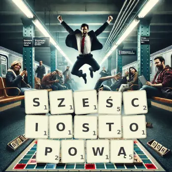 Kreatywna ilustracja do gry w Scrabble ze słowem SZEŚCIOSTOPOWĄ ułożonym z płytek na planszy.