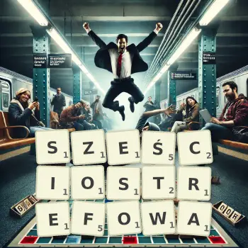 Kreatywna ilustracja do gry w Scrabble ze słowem SZEŚCIOSTREFOWA ułożonym z płytek na planszy.