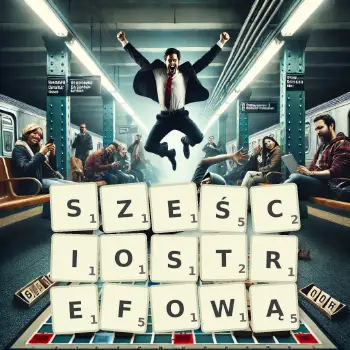 Kreatywna ilustracja do gry w Scrabble ze słowem SZEŚCIOSTREFOWĄ ułożonym z płytek na planszy.
