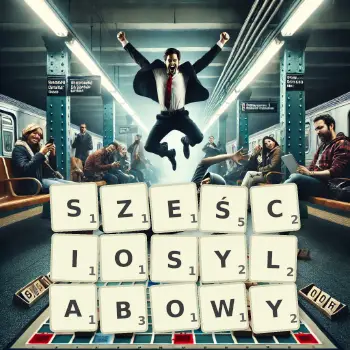 Kreatywna ilustracja do gry w Scrabble ze słowem SZEŚCIOSYLABOWY ułożonym z płytek na planszy.