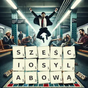 Kreatywna ilustracja do gry w Scrabble ze słowem SZEŚCIOSYLABOWĄ ułożonym z płytek na planszy.