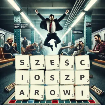 Kreatywna ilustracja do gry w Scrabble ze słowem SZEŚCIOSZPAROWI ułożonym z płytek na planszy.