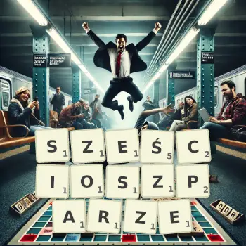 Kreatywna ilustracja do gry w Scrabble ze słowem SZEŚCIOSZPARZE ułożonym z płytek na planszy.