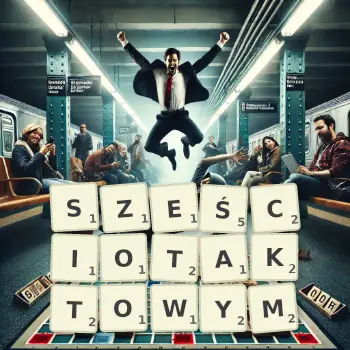 Kreatywna ilustracja do gry w Scrabble ze słowem SZEŚCIOTAKTOWYM ułożonym z płytek na planszy.